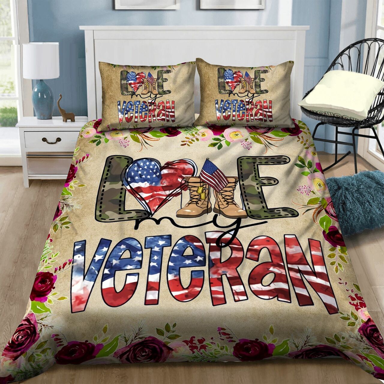 Veteran Bedding Set Love Veteran Rose Flower Pattern Duvet Covers Brown Unique Gift