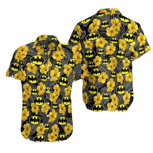 Batman Hawaii Shirt DC Batman Symbol Hibiscus Flower Pattern Hawaiian Shirt Black Yellow Unisex