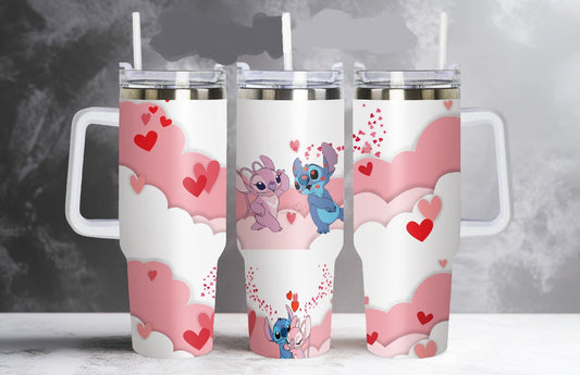 Stitch 40 Oz Tumbler Stitch Falls In Love With Angel Tumbler 40 Oz White Pink