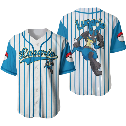 PKM Baseball Jersey PKM Lucario Graphic Jersey Shirt Blue White Unisex