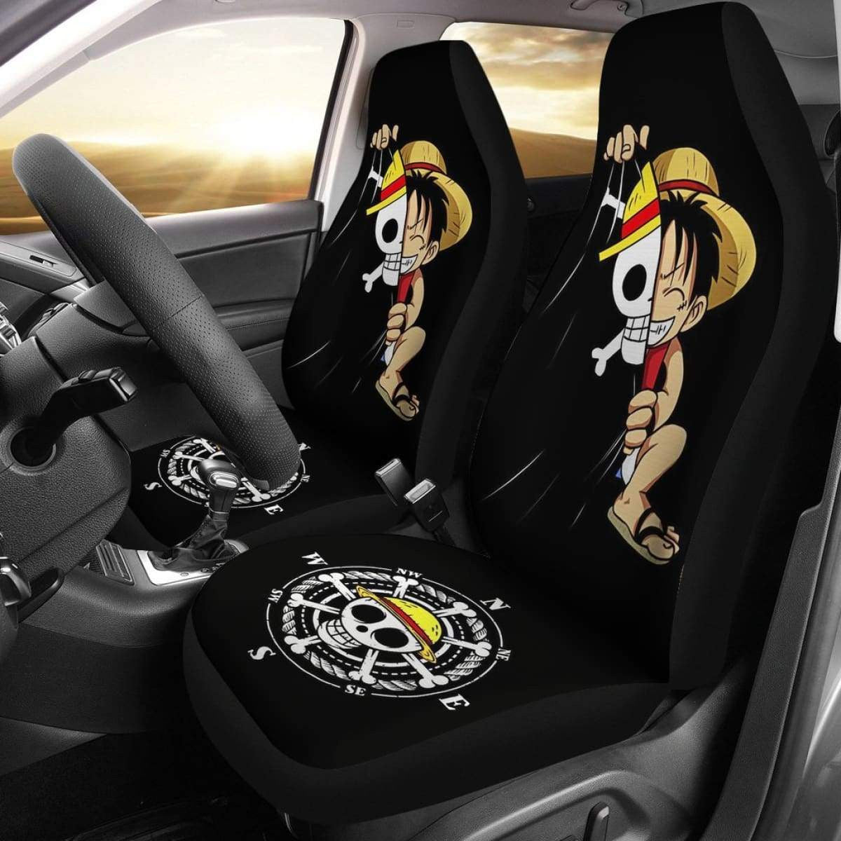 One Piece Car Seat Covers Straw Hat Symbol Cut Luffy Seat Covers Black