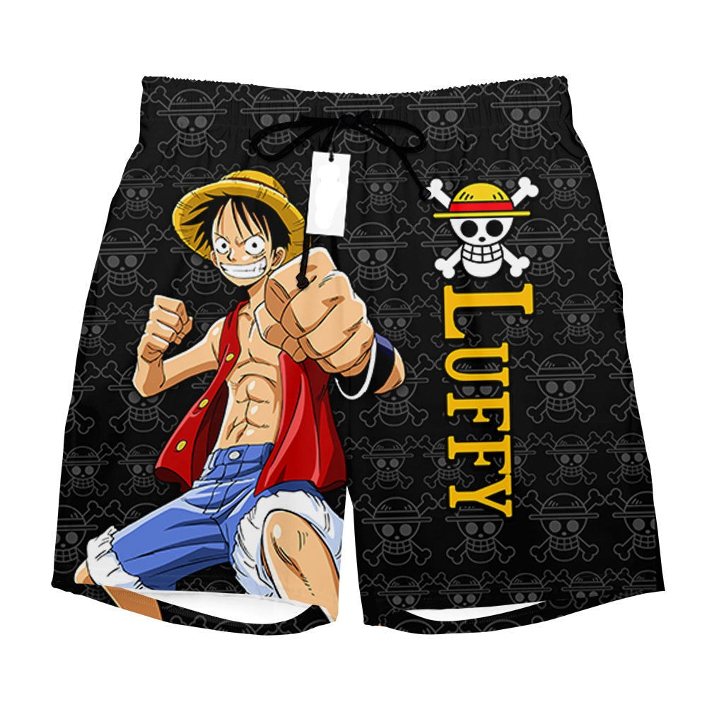 One Piece Shorts Monkey D Luffy Graphic Jolly Roger Pattern Beach Shorts Black