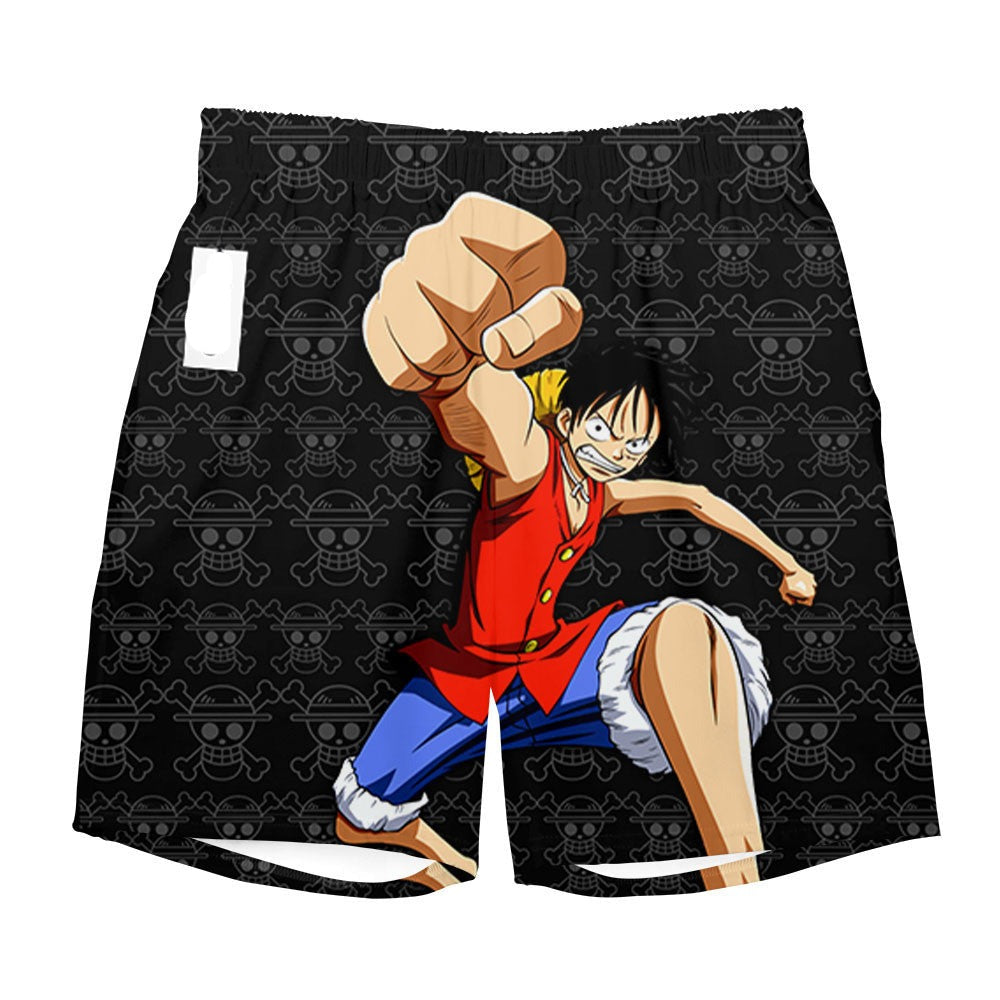 One Piece Shorts Monkey D Luffy Graphic Jolly Roger Pattern Beach Shorts Black