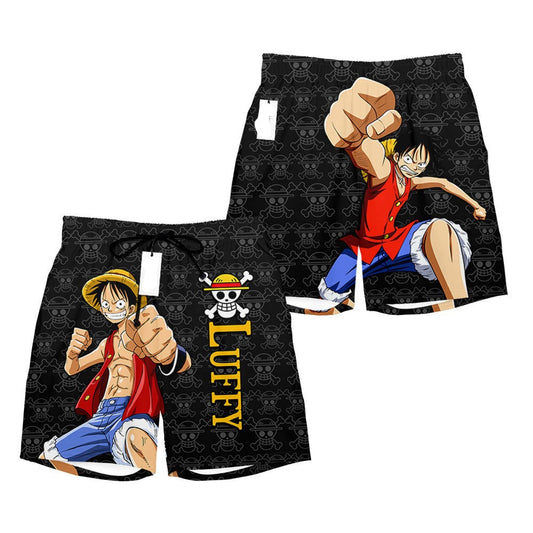 One Piece Shorts Monkey D Luffy Graphic Jolly Roger Pattern Beach Shorts Black