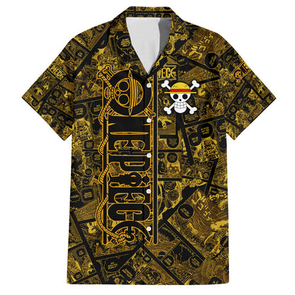 One Piece Hawaii Shirt Luffy Zoro Sanji One Piece Manga Pattern Hawaiian Shirt Black Yellow Unisex