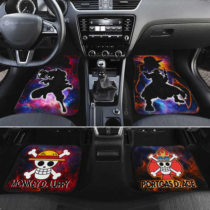 One Piece Car Mats Luffy And Ace Silhouette Jolly Roger Symbols Galaxy Car Floor Mats Colorful