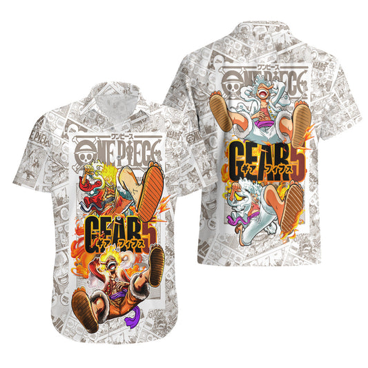 One Piece Hawaii Shirt Luffy Gear 5 Nika God Manga Pattern Hawaiian Shirt White Orange Unisex