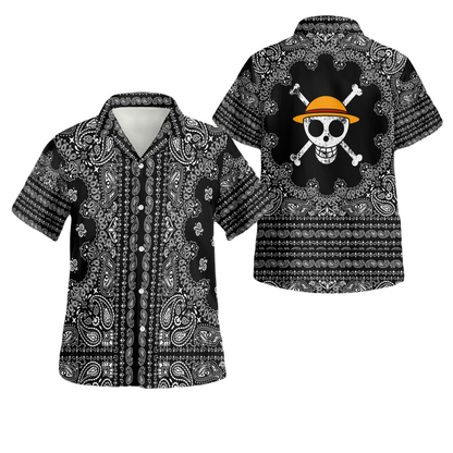 One Piece Hawaii Shirt One Piece Luffy Jolly Roger Mandala Pattern Hawaiian Shirt Black Unisex