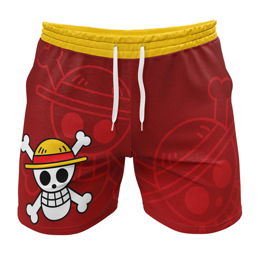 One Piece Shorts One Piece Straw Hat Jolly Roger Beach Shorts Red Yellow