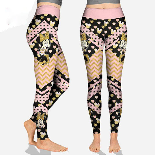 Minnie Leggings DN Minnie Mouse Head Pattern High Waisted Legging Black Pink For Women