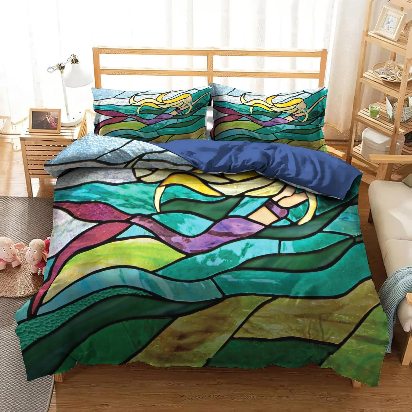 Mermaid Bedding Set Swimming Mermaid In Stained Glass Duvet Covers Colorful Unique Gift