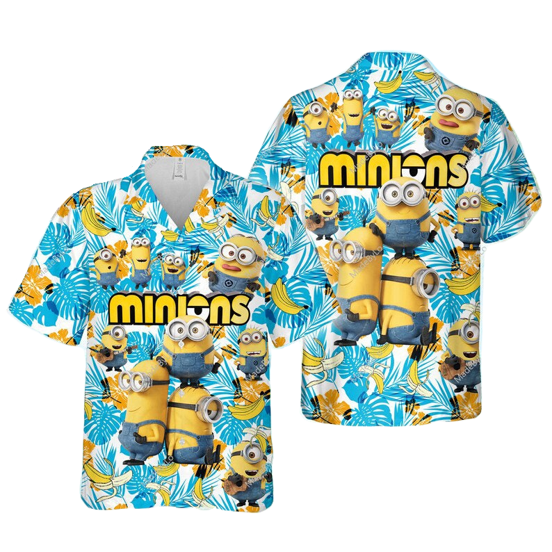 Minions Hawaii Shirt Minions Tropical Leaves Banana Pattern Hawaiian Shirt Blue Yellow Unisex