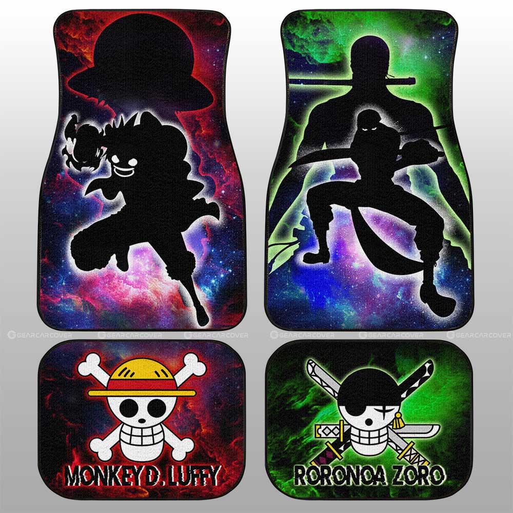 One Piece Car Mats Luffy And Zoro Silhouette Jolly Roger Symbols Galaxy Car Floor Mats Red Green