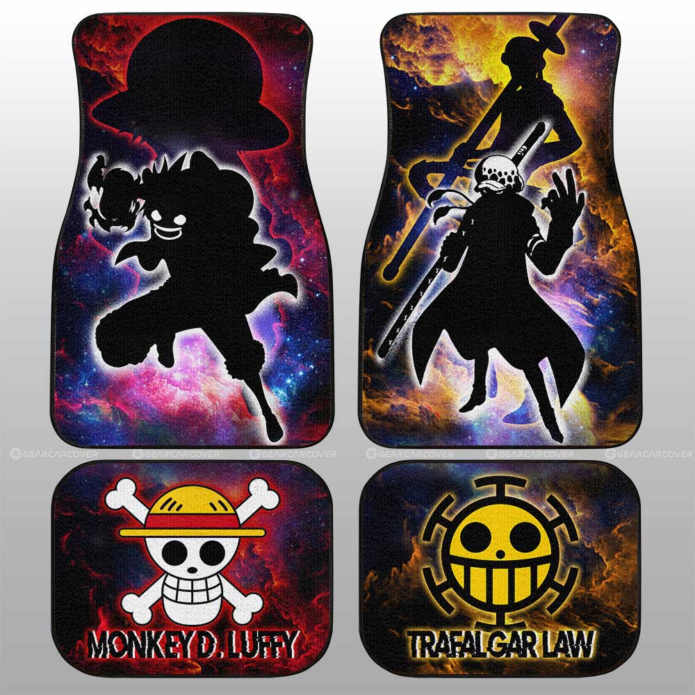 One Piece Car Mats Luffy And Law Silhouette Jolly Roger Symbols Galaxy Car Floor Mats Colorful