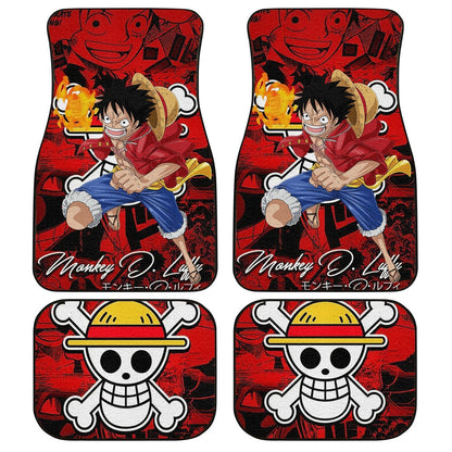 One Piece Car Mats Monkey D Luffy In Action Manga Pattern Jolly Roger Symbol Car Floor Mats Red