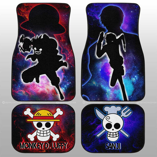 One Piece Car Mats Luffy And Sanji Silhouette Jolly Roger Symbols Galaxy Car Floor Mats Red Blue