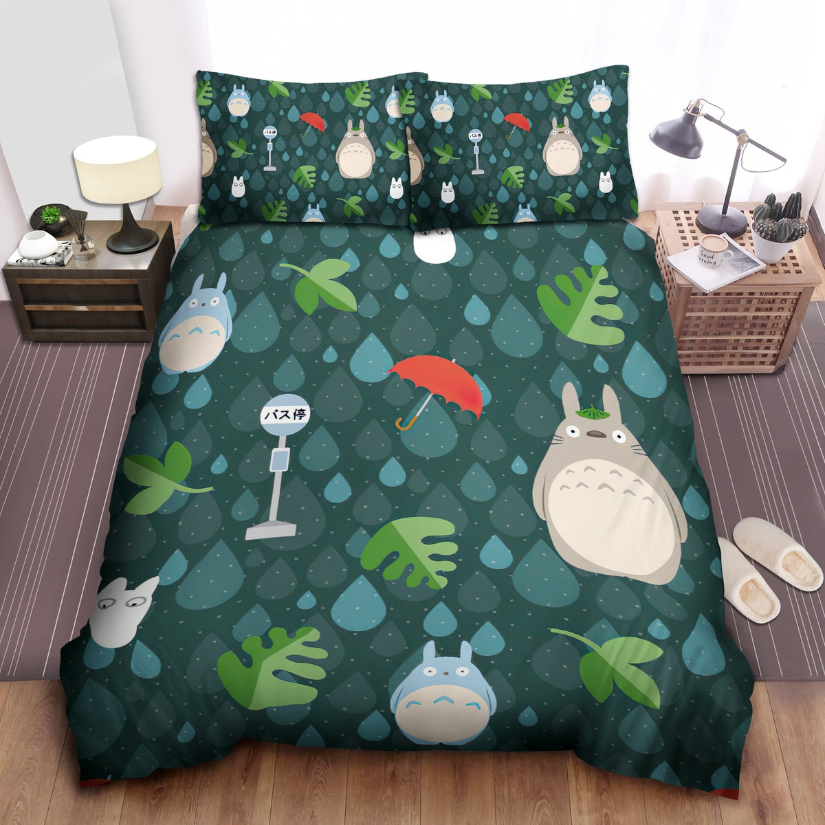 SGhibli Bedding Set My Neighbor Totoro Rain Pattern Duvet Covers Green Blue Unique Gift