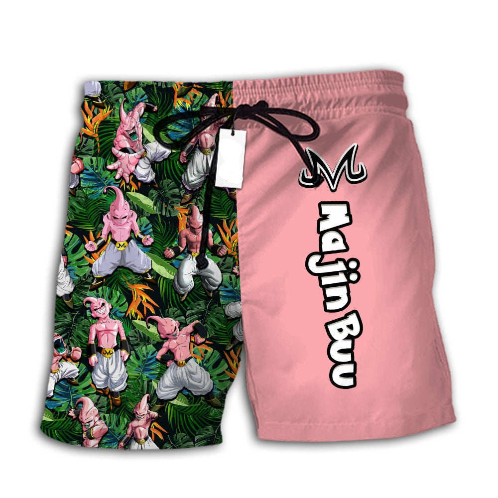 Dragon Ball Shorts Character Majin Buu Tropical Pattern Beach Shorts Pink Green