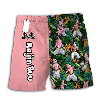 Dragon Ball Shorts Character Majin Buu Tropical Pattern Beach Shorts Pink Green