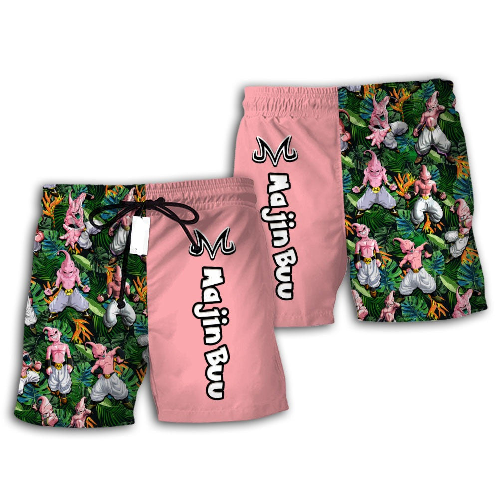 Dragon Ball Shorts Character Majin Buu Tropical Pattern Beach Shorts Pink Green