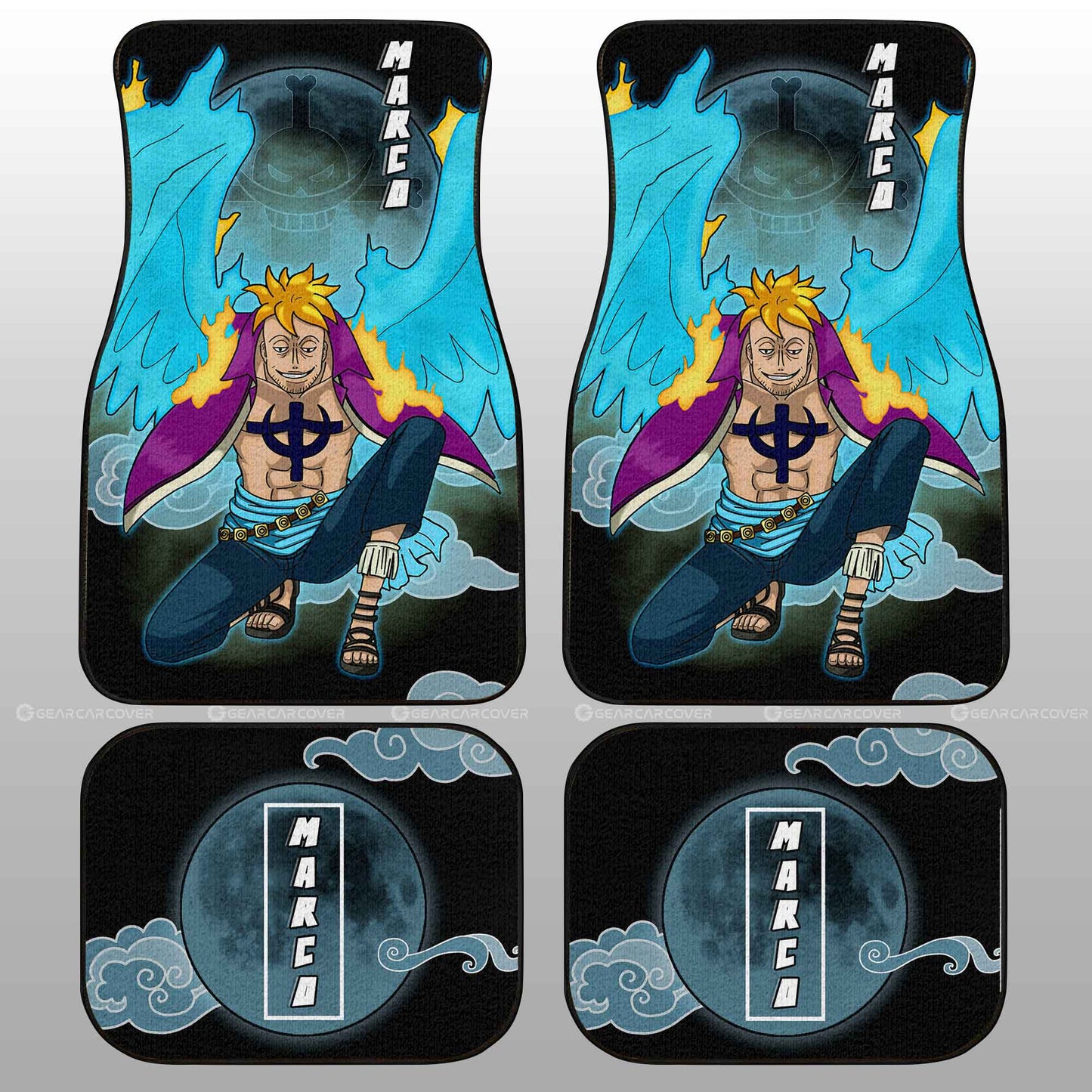 One Piece Car Mats Marco Graphic Cloud And Moon Pattern Car Floor Mats Black Blue
