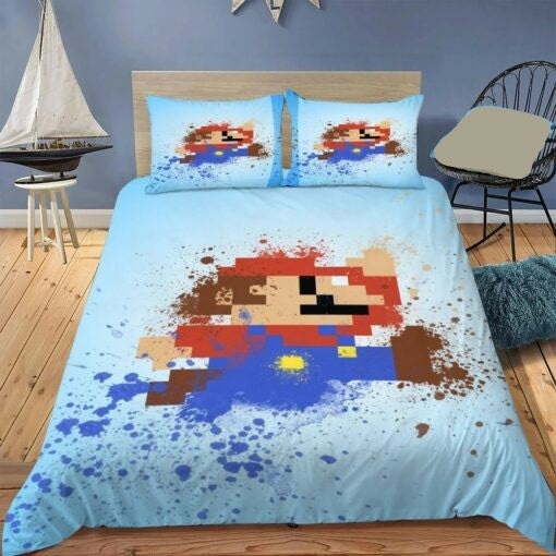 Mario Bedding Set Old Style 8-Bit Mario Graphic Duvet Covers Blue Unique Gift