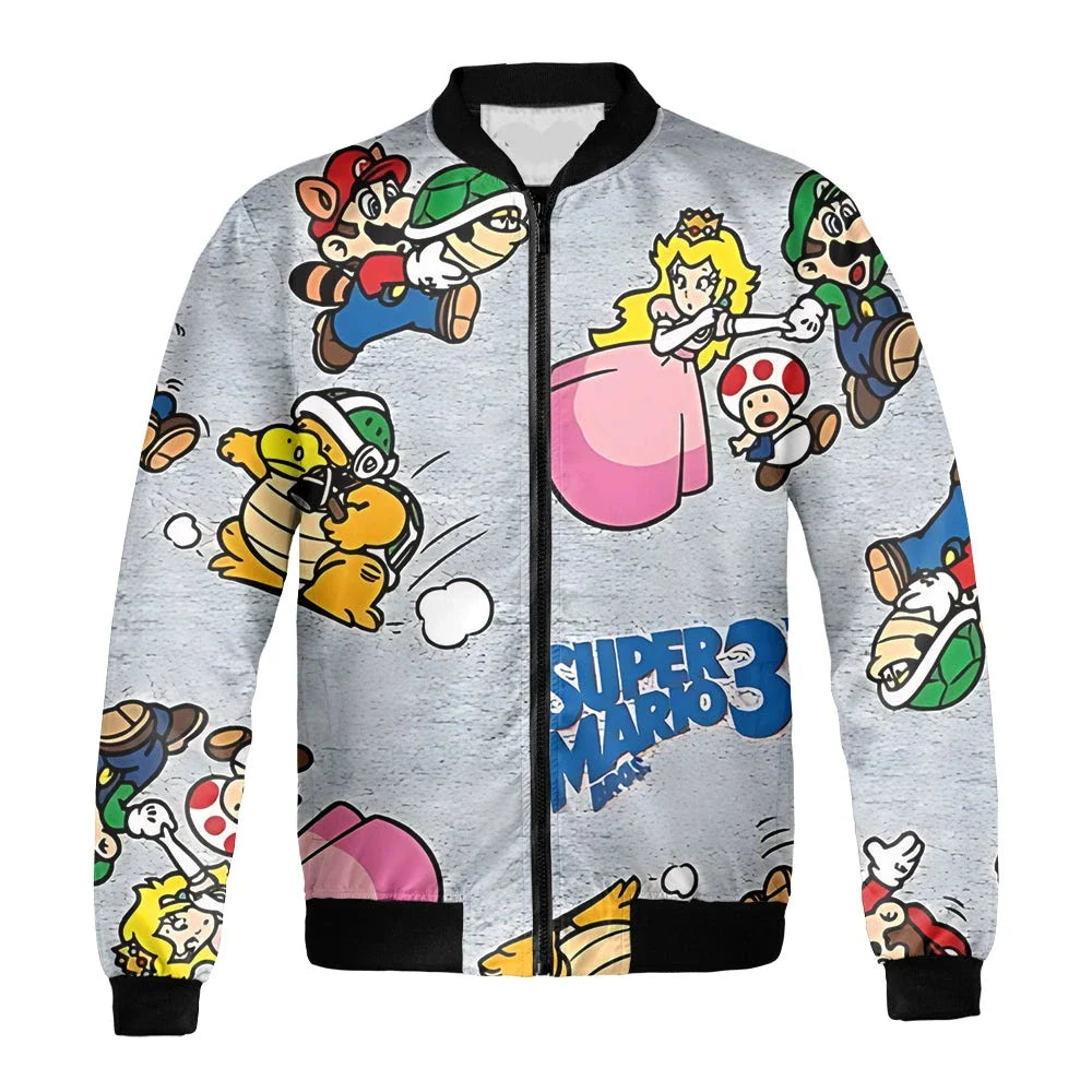 Mario Bomber Jacket Racoon Mario Peach Luigi Pattern Bomber Gray Unisex