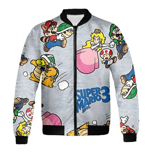 Mario Bomber Jacket Racoon Mario Peach Luigi Pattern Bomber Gray Unisex