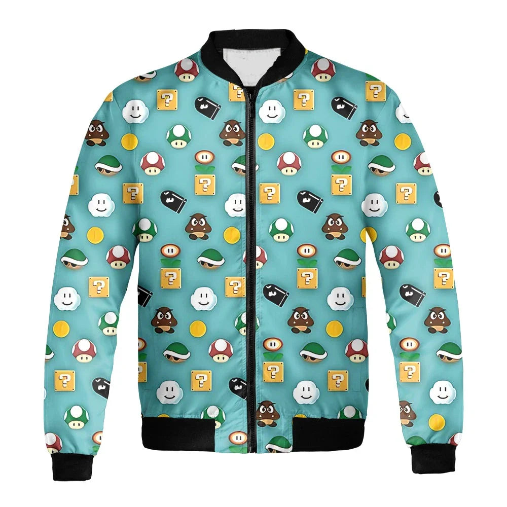 Mario Bomber Jacket Super Mario Game Items Pattern Bomber Blue Unisex