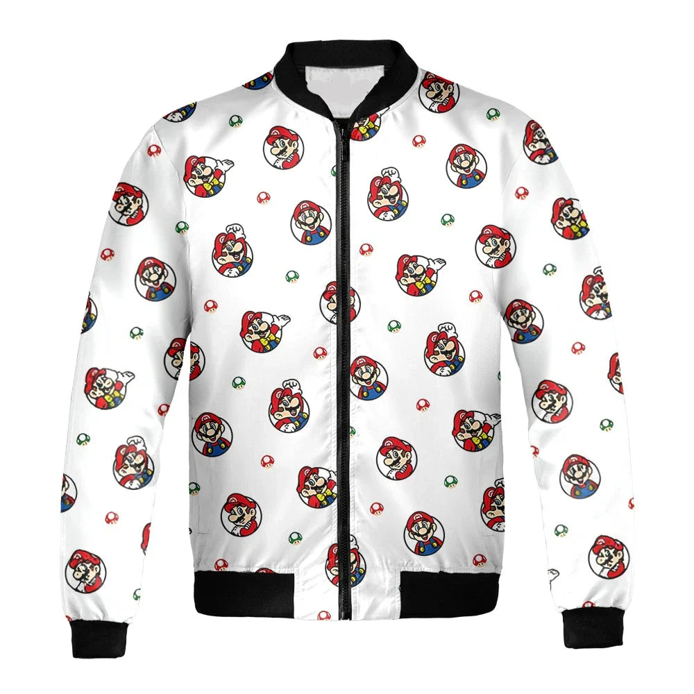 Mario Bomber Jacket Mario All Poses Pattern Bomber White Unisex