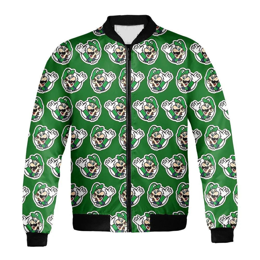 Mario Bomber Jacket Luigi Character Saying Hi Pattern Bomber Green Unisex