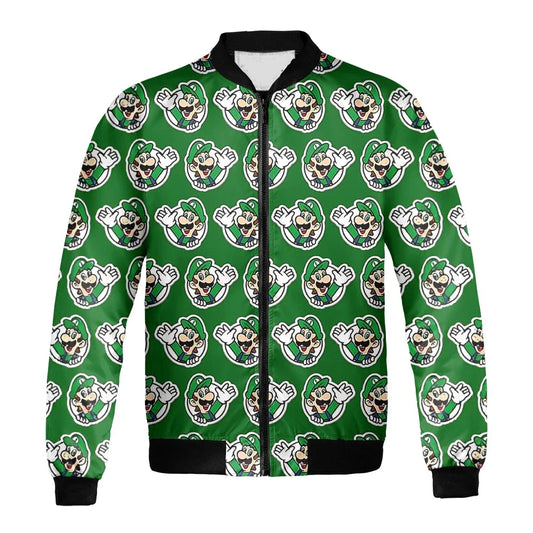 Mario Bomber Jacket Luigi Character Saying Hi Pattern Bomber Green Unisex