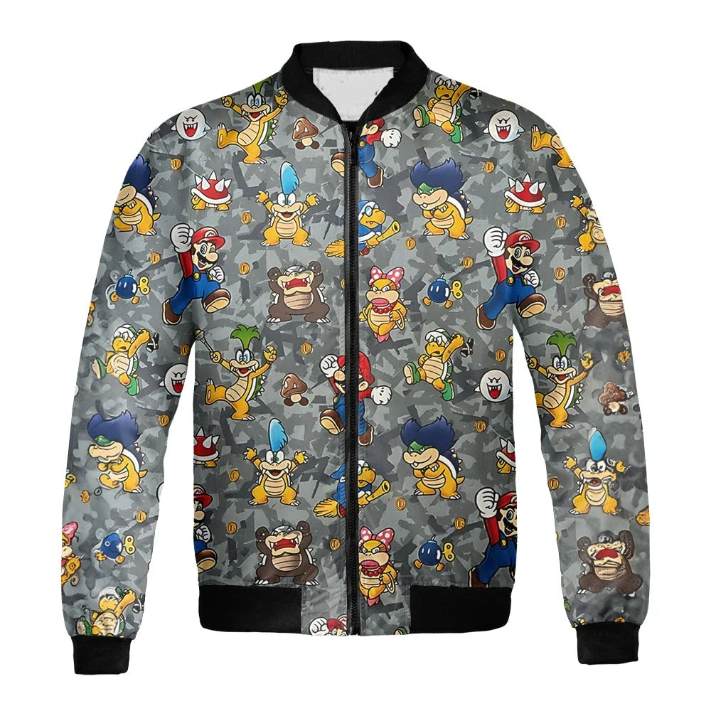 Mario Bomber Jacket Super Marrio All Characters Pattern Bomber Gray Unisex