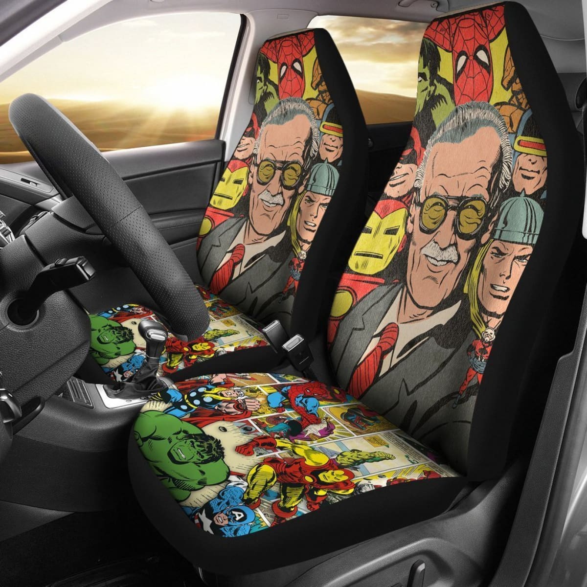 Stan Lee Car Seat Covers MV Comics Stan Lee And All Characters Seat Covers Colorful