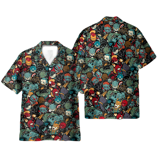 MV Hawaii Shirt MV Chibi Heroes And Villains Pattern Hawaiian Shirt Blue Green Unisex