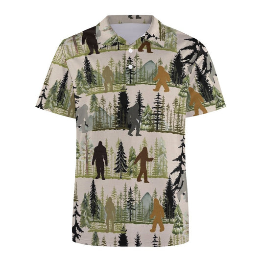 Bigfoot Polo Shirt Bigfoot Tree Forest Mountain Polo Tees Green Gray