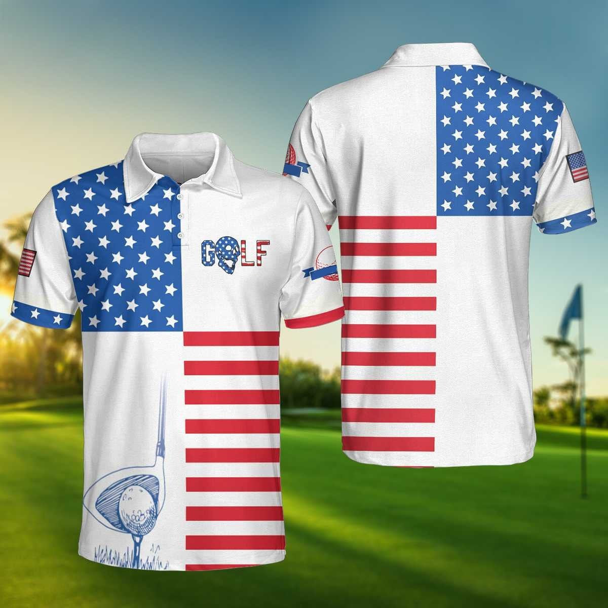 Golf Polo Shirt American Flag Golf Skull Golf Shirts White For Men