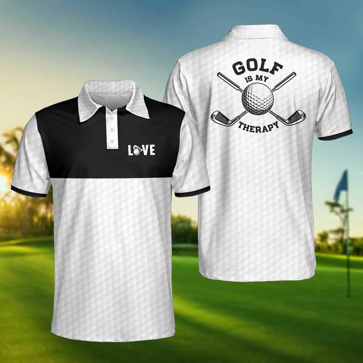 Golf Polo Shirt Love Golf Is My Therapy Golf Shirts Black White For Men