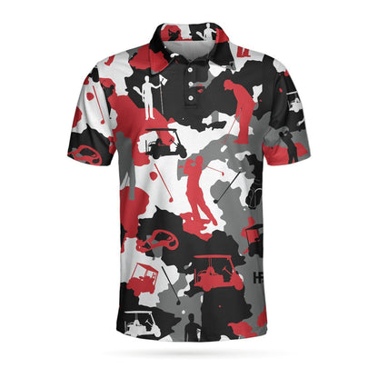 Golf Polo Shirt Golfer Cart Caddie Camo Pattern Golf Shirts Black Red For Men