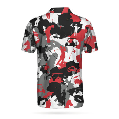 Golf Polo Shirt Golfer Cart Caddie Camo Pattern Golf Shirts Black Red For Men