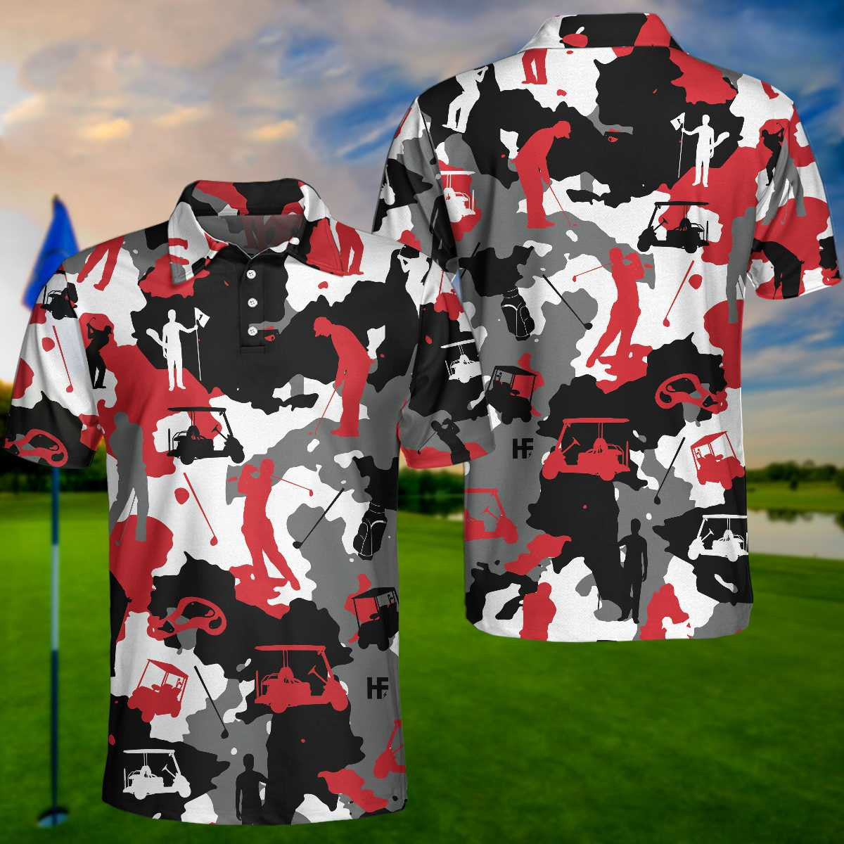 Golf Polo Shirt Golfer Cart Caddie Camo Pattern Golf Shirts Black Red For Men