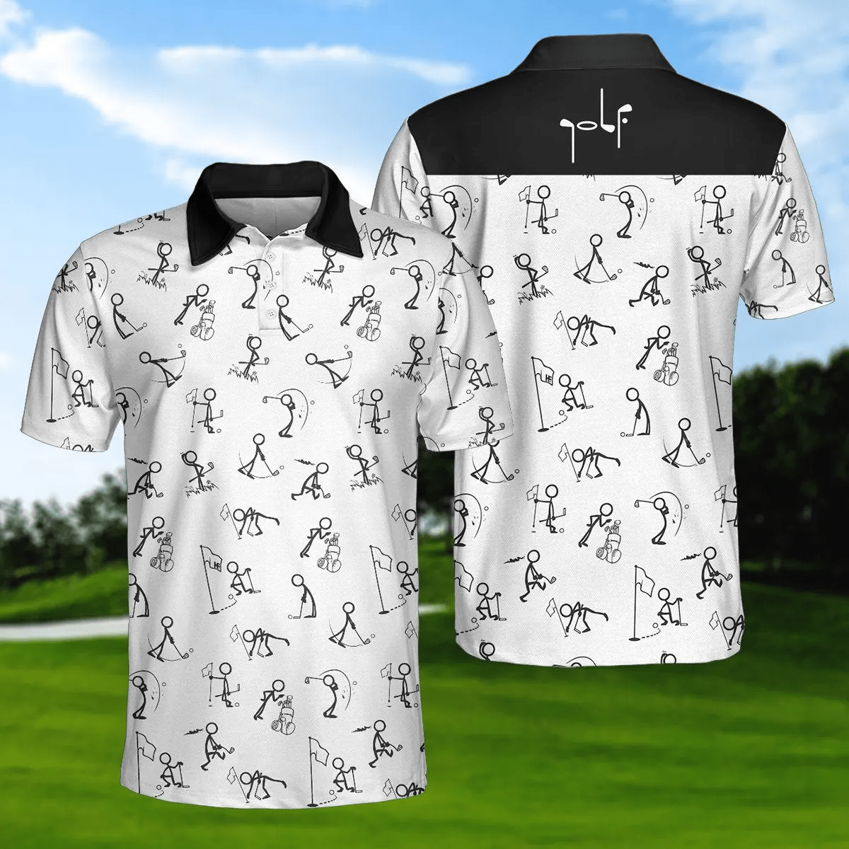 Golf Polo Shirt Stickfigures Playing Golf Pattern Golf Shirts White For Men