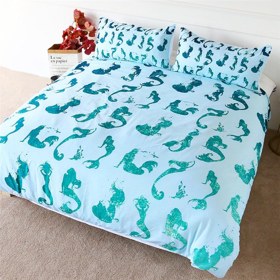 Mermaid Bedding Set Mermaid Poses Silhouette Pattern Duvet Covers Blue Unique Gift