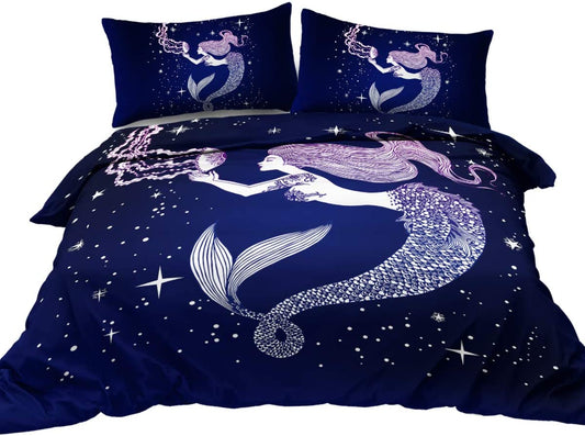 Mermaid Bedding Set Mermaid With Jellyfish Graphic Duvet Covers Blue Unique Gift