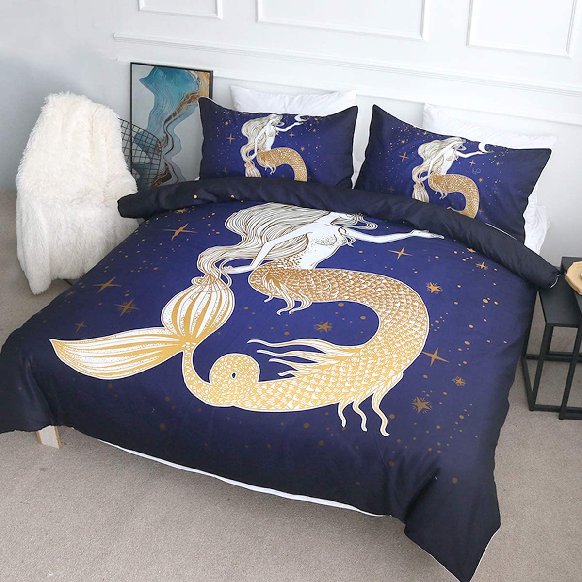 Mermaid Bedding Set Mermaid And The Moon Graphic Duvet Covers Blue Yellow Unique Gift