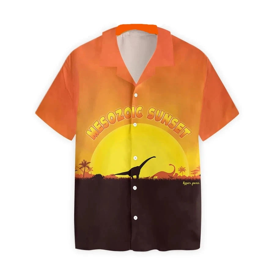 Dinosaur Hawaii Shirt Mesozoic Sunset Dinosaur Silhouette Hawaiian Shirt Black Orange Unisex