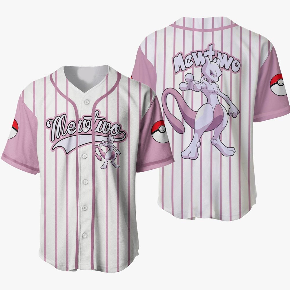 PKM Baseball Jersey PKM Mewtwo Graphic Jersey Shirt White Pink Unisex