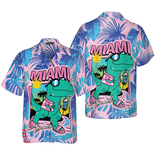 Dinosaur Hawaii Shirt Dinosaur Miami South Beach Hawaiian Shirt Pink Blue Unisex