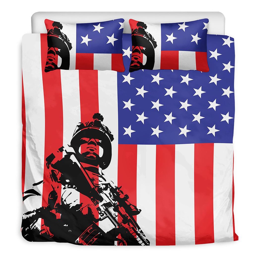 Veteran Bedding Set American Flag Soldier Slhouette Graphic Duvet Covers Blue Red Unique Gift