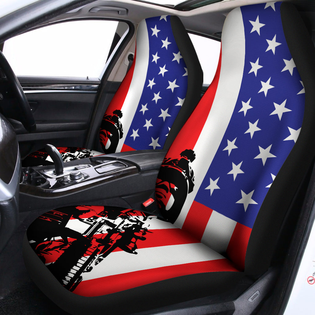 Veteran Car Seat Covers American Flag Soldier Silhouette Graphic Seat Covers Blue Red